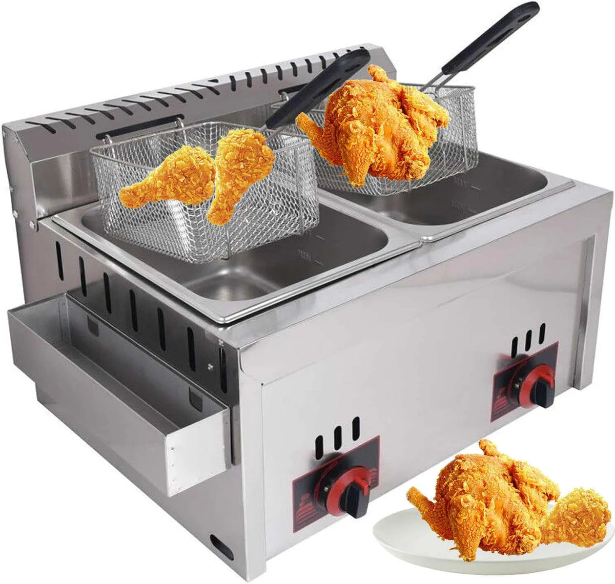 Gaz GPL en acier inoxydable de qualité commerciale Friteuse à, nettoyage sans effort 10 l, comprend des paniers et un couvercle