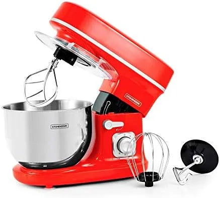 Kitchencook, Robot Pétrin 5l, puissance 1300w, 6 Intensités, Bol Amovible Acier Inoxydable, Crochet à Pâte, Fouet à Fils, Rouge