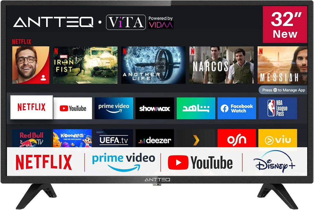 Smart TV AV32 DVB-T2 Antteq, 32 Pouces, largeur 80 cm, S2, avec Netflix, Prime Video, Disney+, Youtube, Rakuten TV