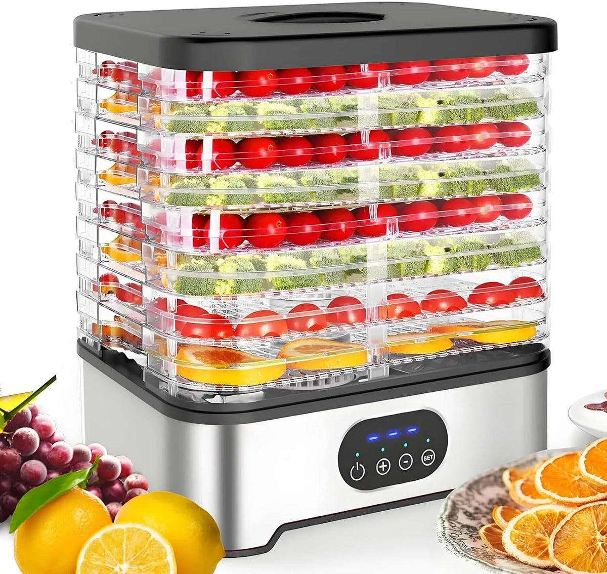 Déshydrateur alimentaire, système de séchage à 360 ° pour les légumes séchés et les légumes, avec affichage numérique, hauteur réglable