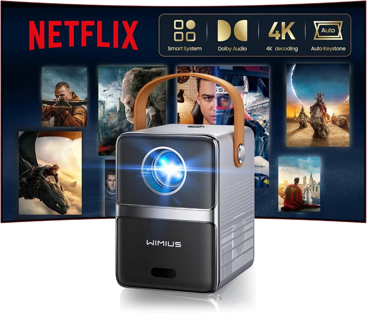 Projecteur Portable 4K Auto Keystone 28000LM WiFi6 1080P Mini Vidéoprojecteur, Netflix Certifié, E-Focus, Dolby, Extérieur, Arc