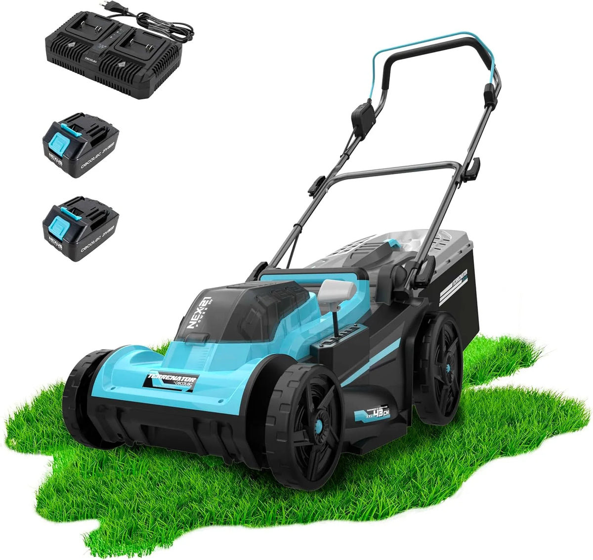 Cecotec tondeuse à gazon, Fonctionne avec 2 Batteries 21 V 4 Ah, Bac 45 L, à Batterie sans Fil Terrenator E7 Liberty Z Plus. Moteur Brushless
