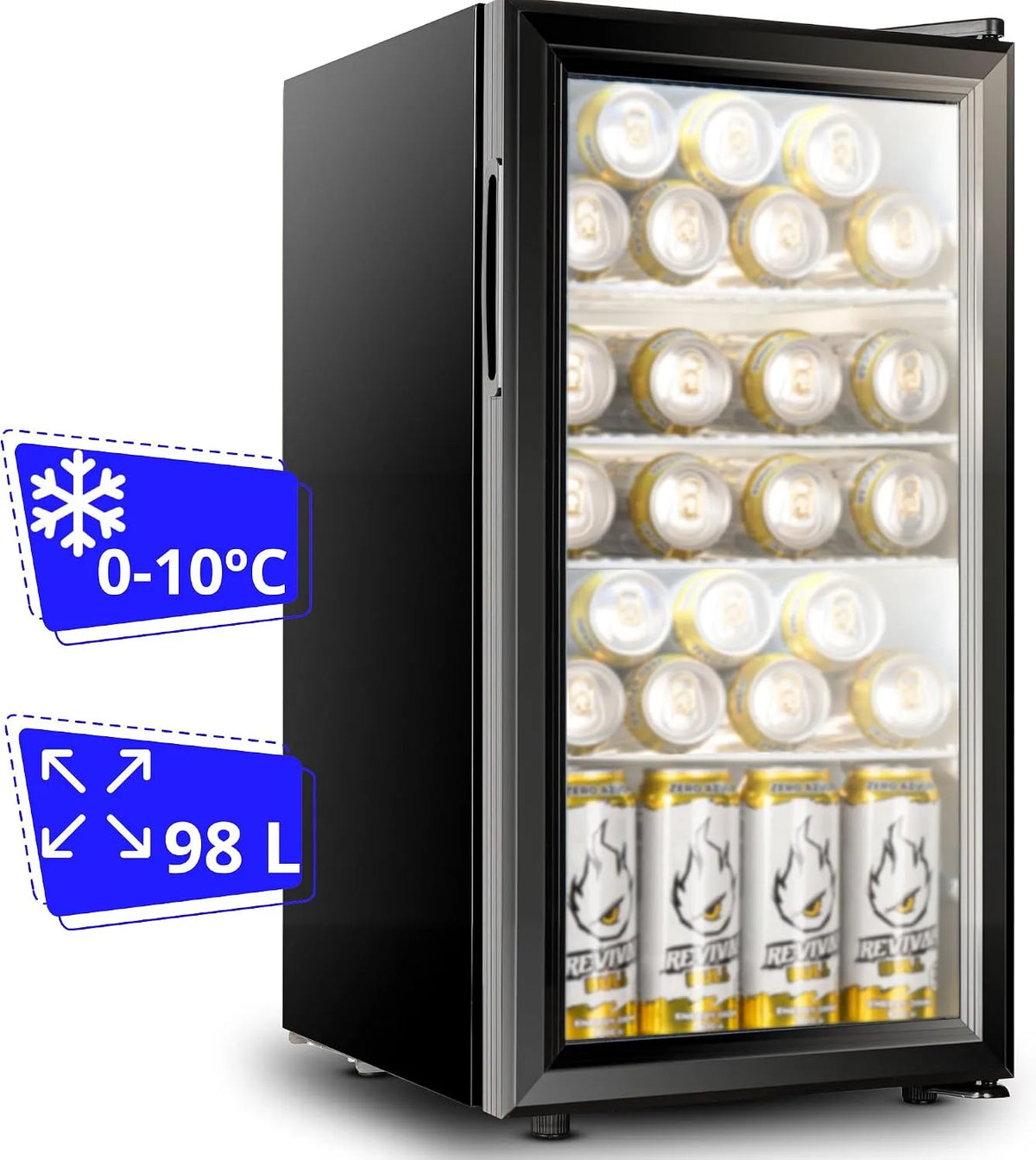 Réfrigérateur 0-10ºC,. Frigo bar avec porte vitrée. Mini de chambre pour snacks, capacité 98 litres, boissons, Mini frigo chambre de 35/52L
