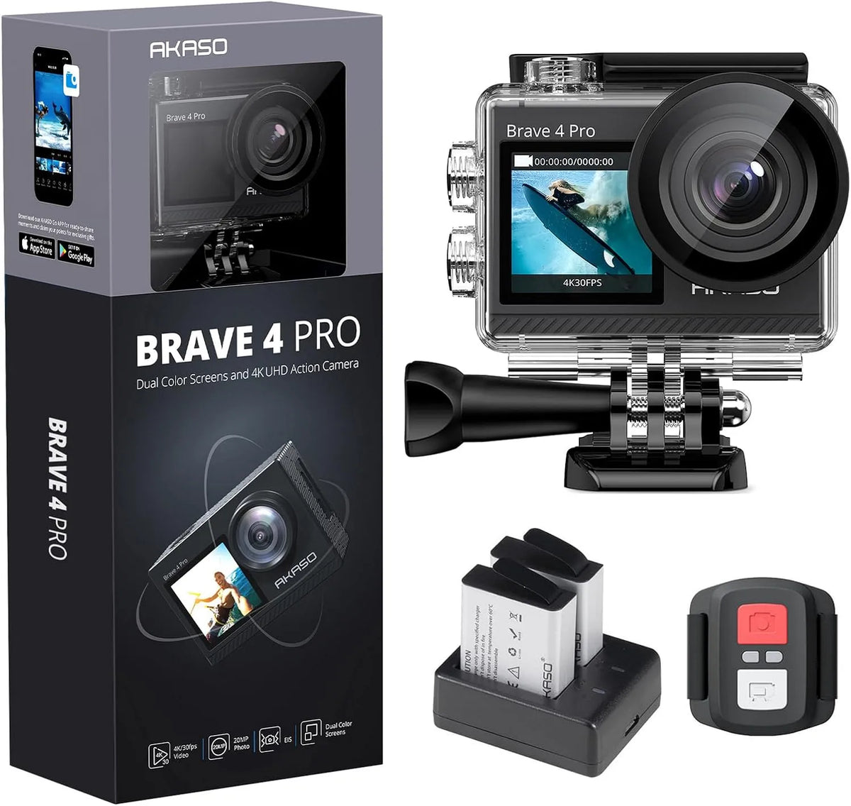 Modèle Sport 4K 20MP 1350 AKASO Caméra, WiFi Action Caméra sous-Marine 40M Ultra HD Stabilisateur, Brave 4 Pro, 1350 mAh