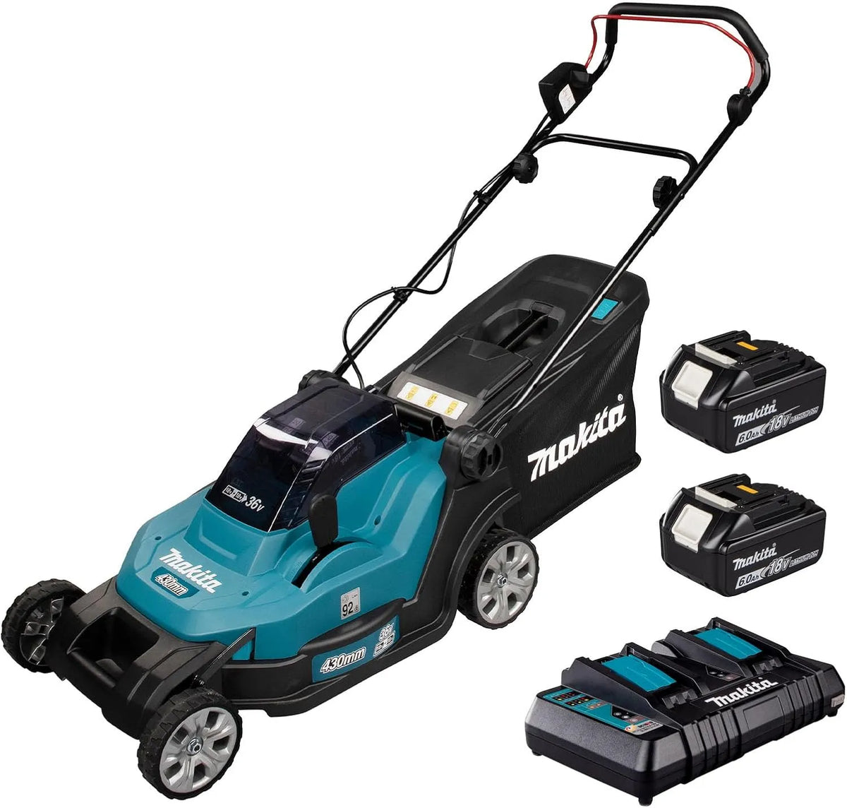 Makita tondeuse DLM432PG2 DC18RD, tension 36 V => 2 x 18 V Li-Ion + 2 batteries 18V 6Ah Li-ion + chargeur