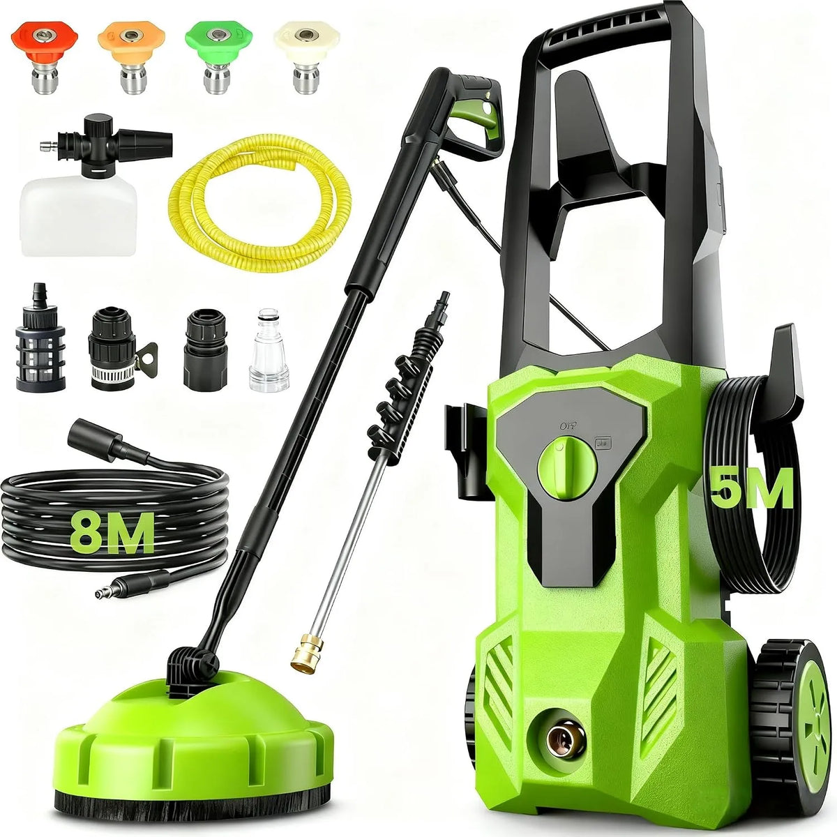 Nettoyeur haute pression, puissance 2000W Moteur Brushless, Débit 500 L/h, Pression 160 Bars, avec Tuyau de 8M, 4 Buses, Filtre à Eau, Lance Longue