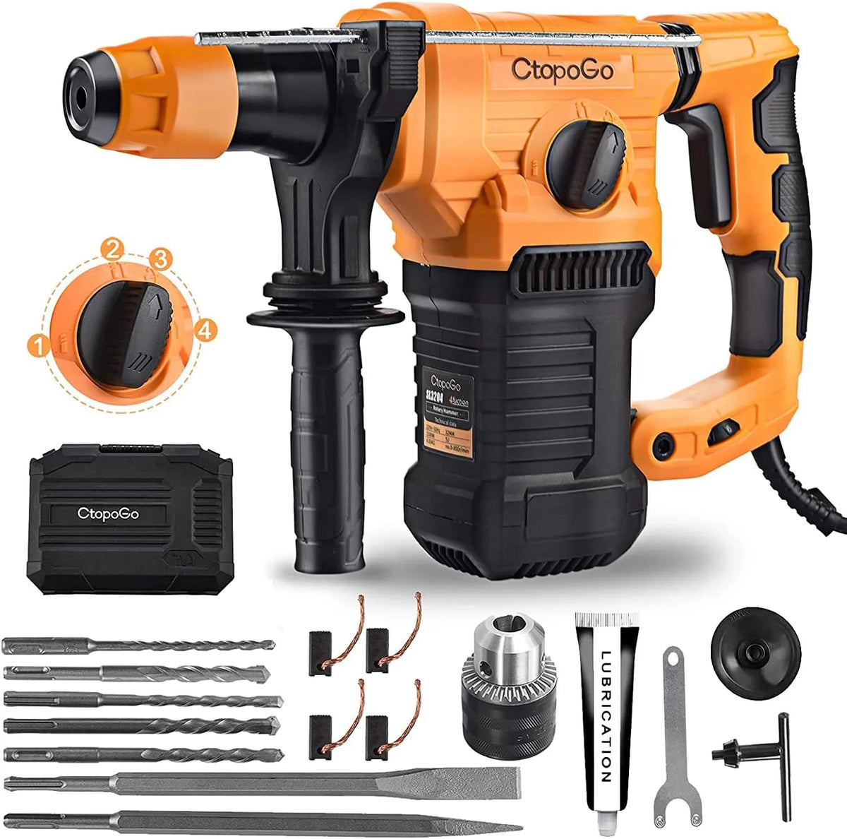 Perceuse 3900BPM, Marteau perforateur SDS-Plus Marteau de démolition 1500W, 4 fonctions en 1, 800RPM, burin et 32mm, y compris graisse