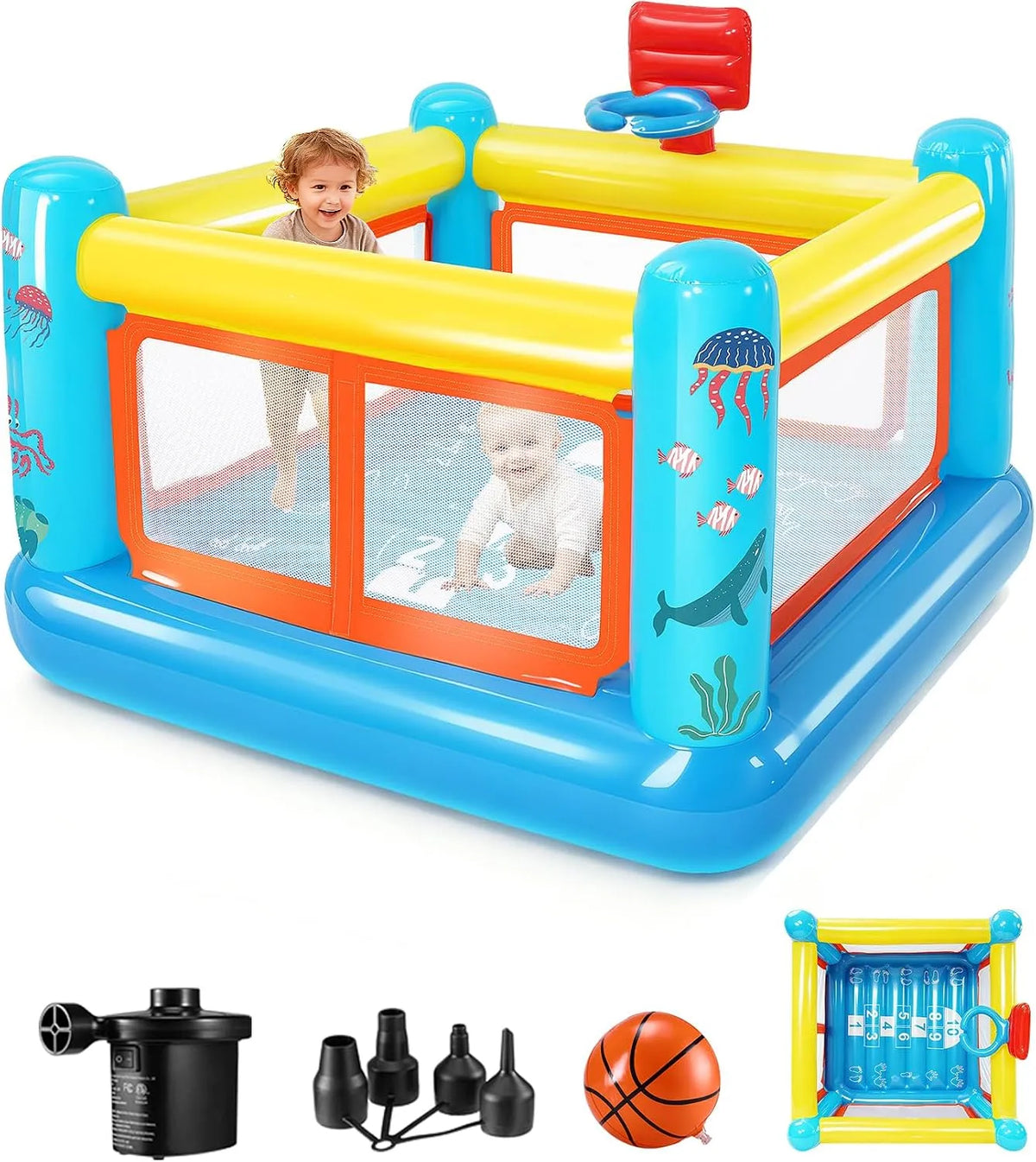 Pompe, Château Gonflable pour Enfants de 3 à 6 Ans, Trampoline Interieur Gonflable en PVC avec Panier de Basket et Jeu Rebondissant, à Air Incluse