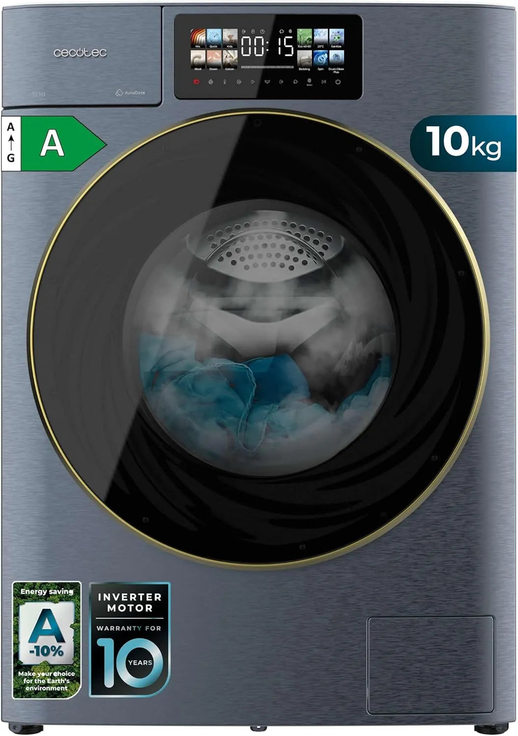 Cecotec lave-linge 10950, poids 10Kg à à chargement frontal, avec Autodose Bolero DressCode Autodose Inverter 3D Ice Blue A. 1400 tr/min