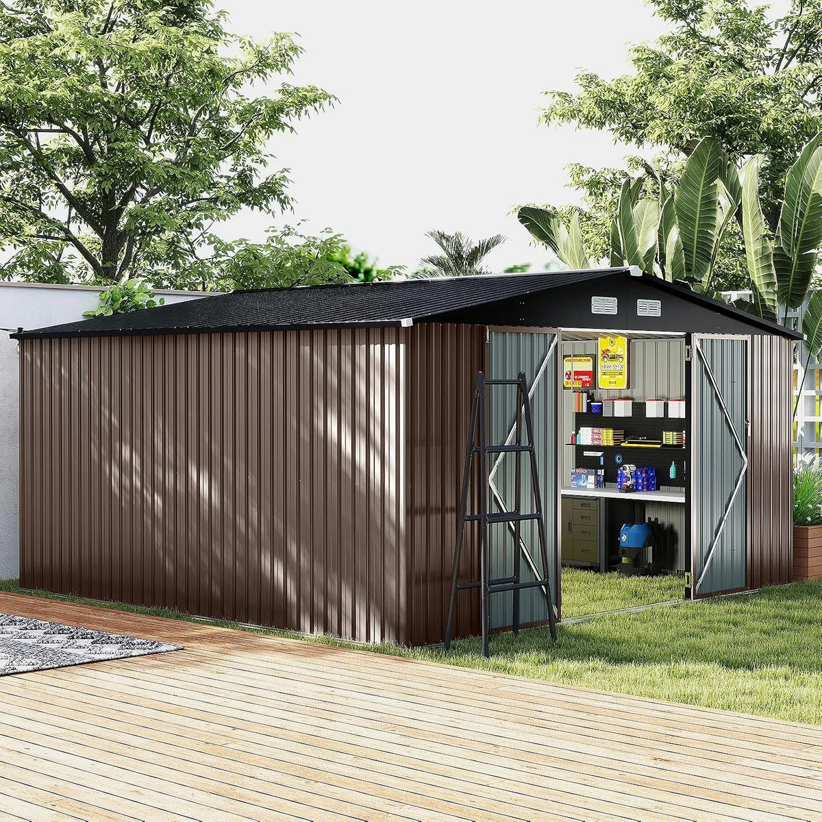Abri de jardin Costway, Métal 12 m², Toit Double Pente, Poubelle, Anthracite, Cabane de Jardin Exterieur pour Vélo, 4 Aérations, Outil