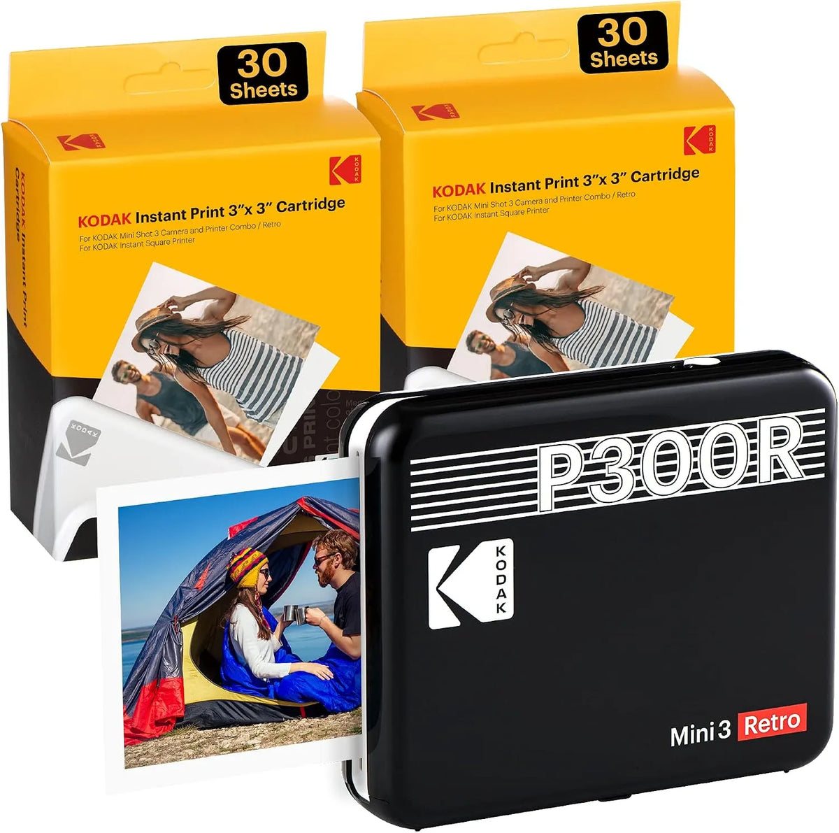 Imprimante 4PASS, Kodak Mini 3 Retro Photo Portable, dimensions 7,6x7,6cm, Paquet avec 68 Feuilles, finition noire