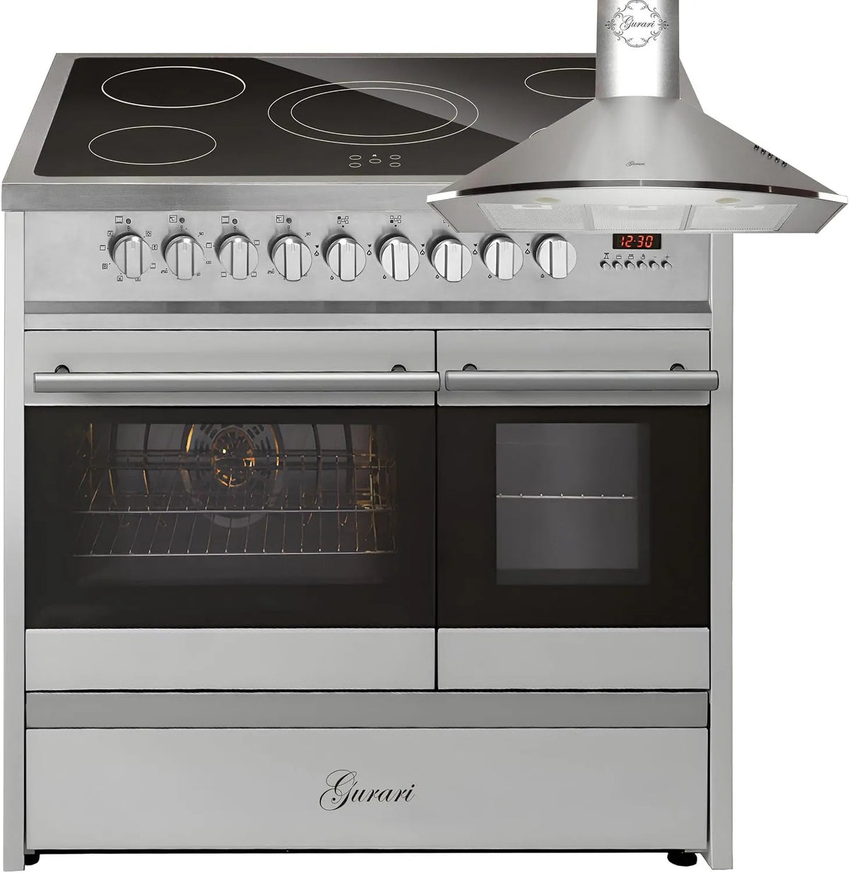 Cuisinière, double four + hotte aspirante 90 cm, avec rallonge télescopique 1 compartiment