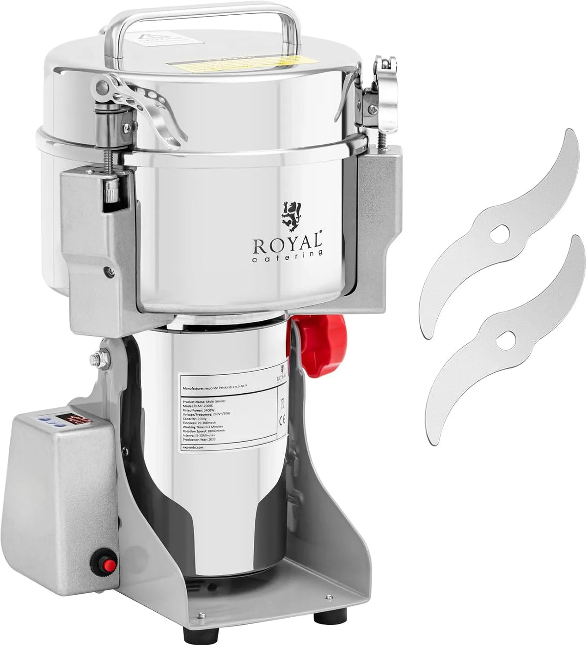 RCMZ-2000D Royal Catering, Moulin à épices électrique 2000 g 21 x 9.5 cm 3400 W numérique Moulin à épices électrique professionnel Broyeur à épices