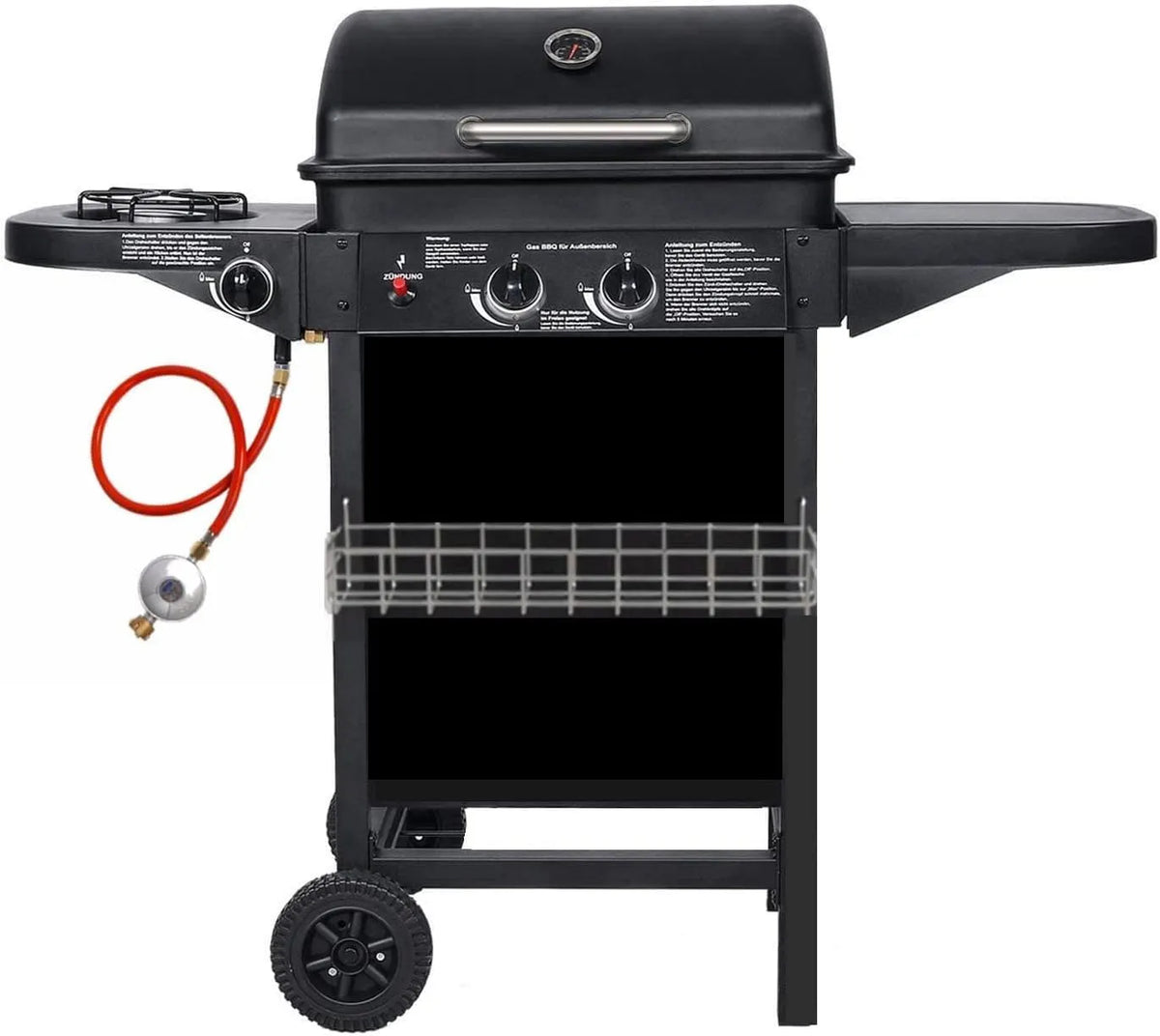 Barbecue à gaz, tables latérales et voiture en acier, avec 2 brûleurs à gaz compacts, puissance 8,7 kW, grilles de barbecue, brûleurs latéraux
