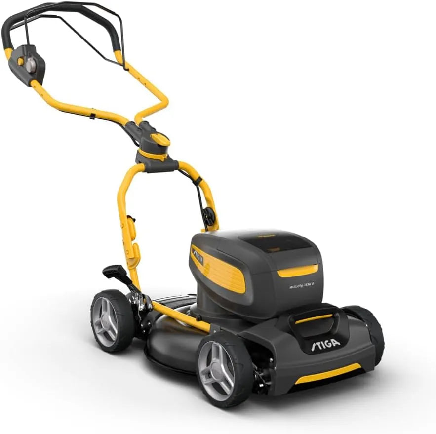 Stiga tondeuse à gazon 747e, tension 48 V, largeur 45 cm, Multiclip V Kit, 2 Batt. 5.0 Ah + 2 Chargeurs, Pelouses jusqu'à 1 300 m², Mode Éco, Mulching