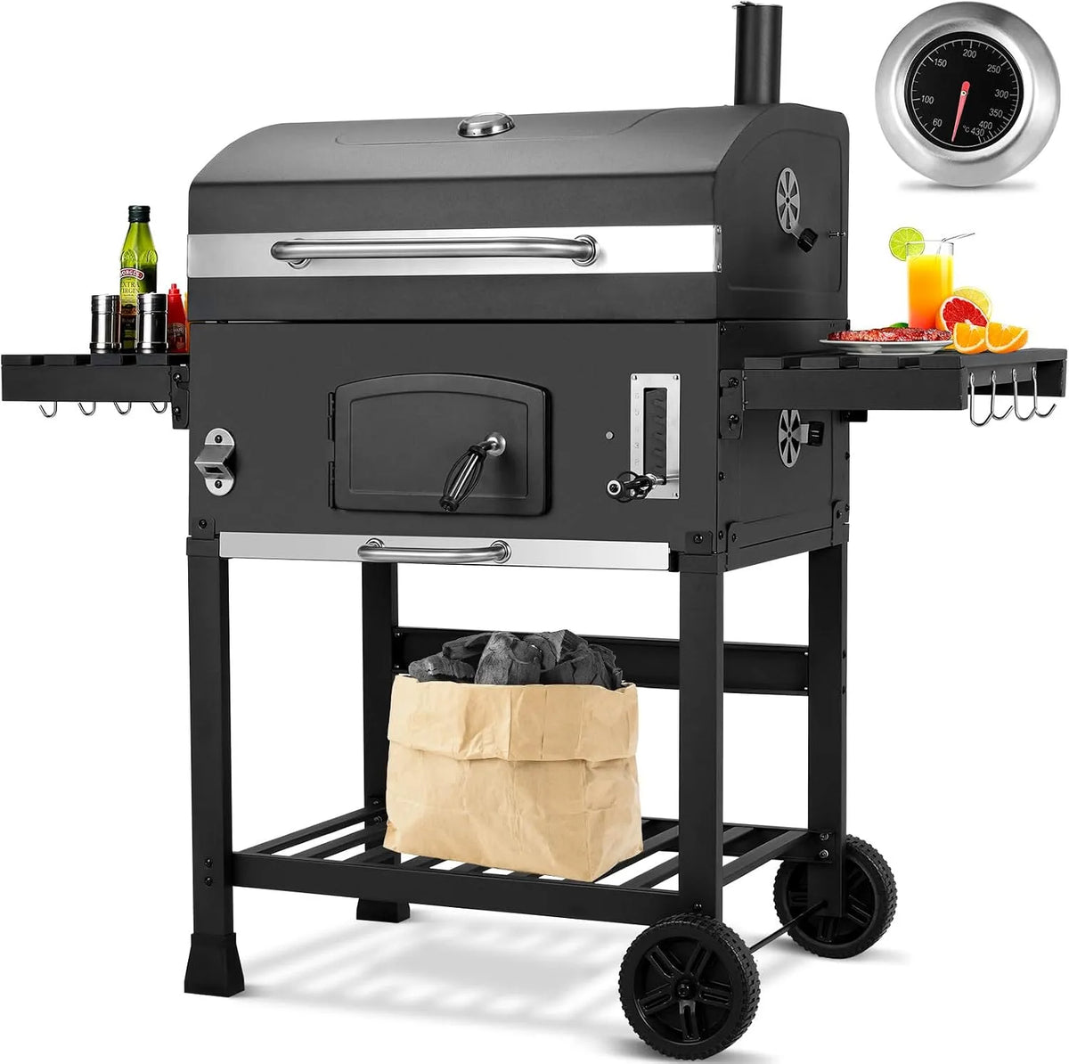 Barbecue, Charbon de Bois XXL, Fumoir, Grand à Charbon avec Cheminée, Couvercle, Roulettes, Thermomètre et Bac à charbon réglable en Hauteur