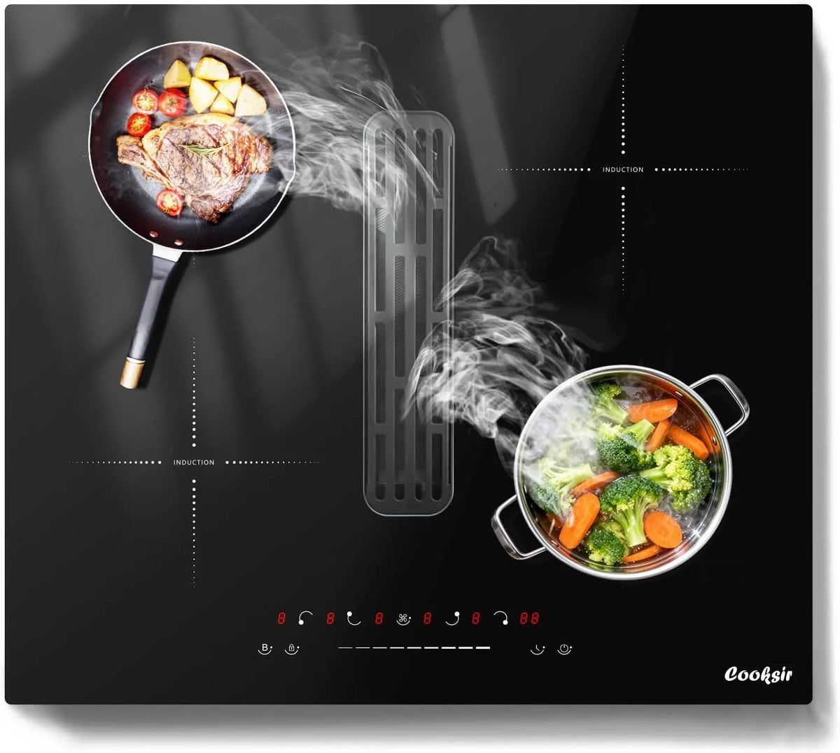 Plaque à induction, 4 Feux avec Hotte Aspirante, Table de Cuisson Encastrable 60CM avec Booster, tension 220V, Minuterie, Pause, sans Prise