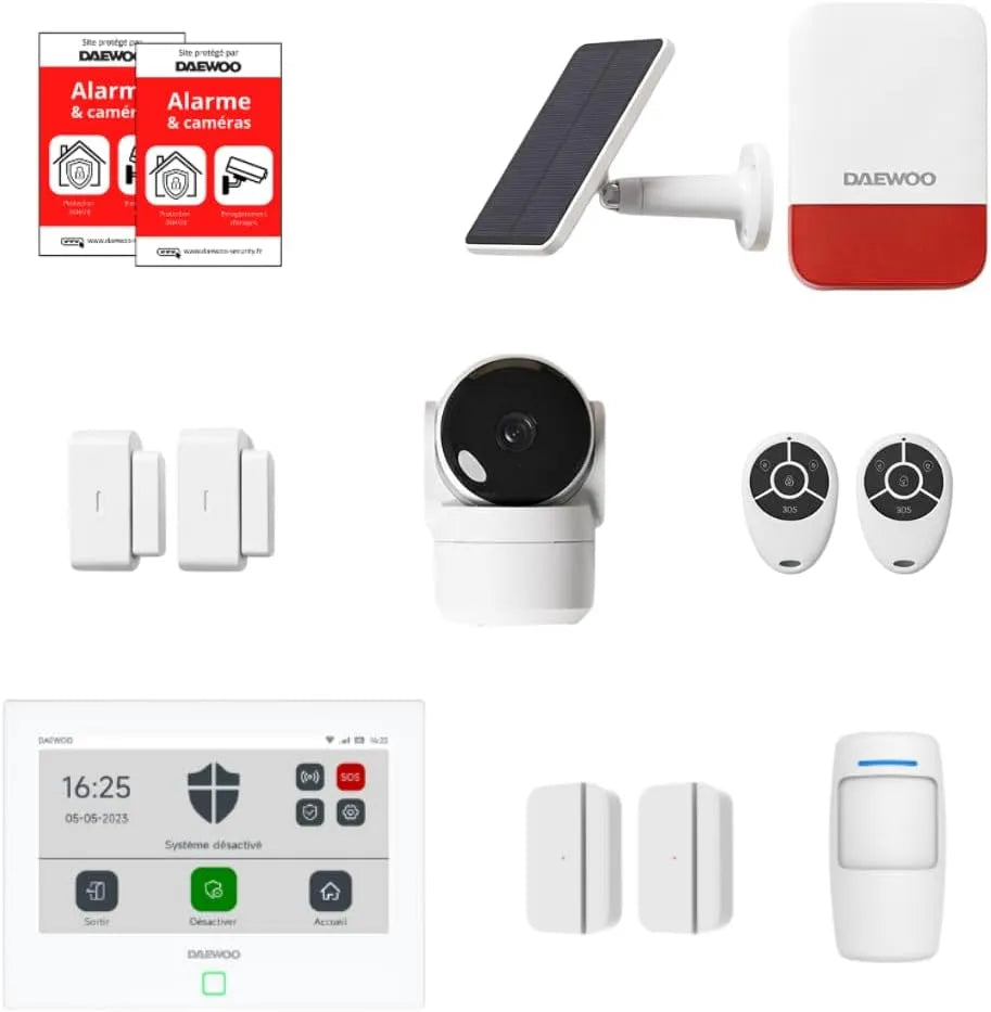 Daewoo Security Smart Protect Essential, Sirène Extérieure Solaire et 4 Contacteurs de Porte, Pack Alarme Maison Connectée avec Caméra HD