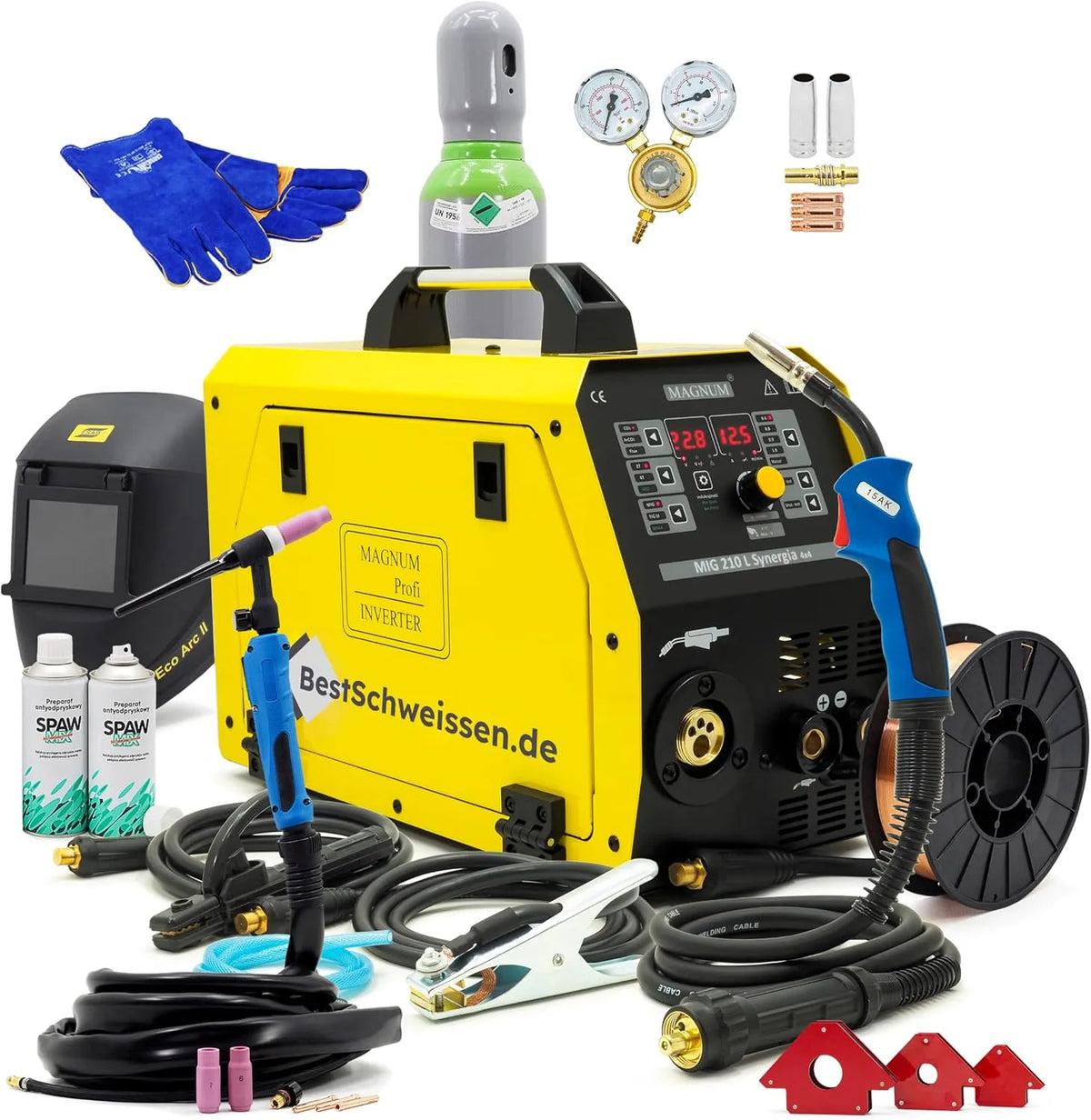 Poste à souder, Kit Complet 200A Casque Inclus, MIG Bestschweissen MAGNUM 210L, set 2, Soudure MIG, TIG, MMA, Fil Fourré