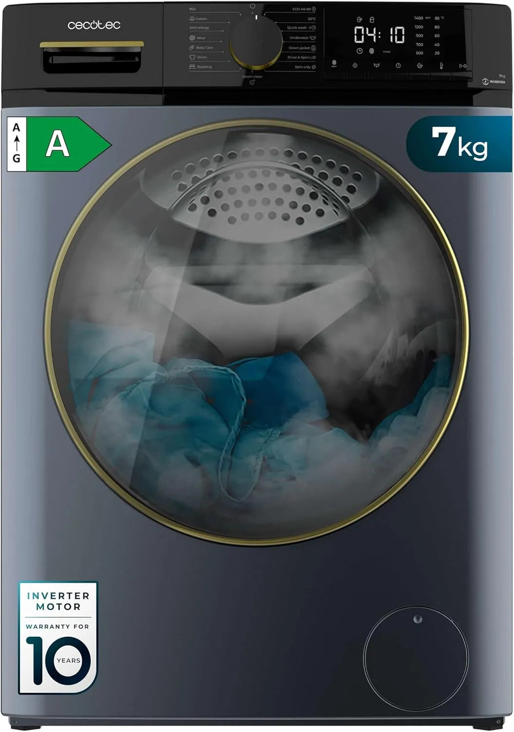 Cecotec Lave Linge Bolero Dresscode Inverter Ice Blue A 7610, 15 Programmes, 1400 tr/min, Avec Fonction Vapeur, Moteur Inverter Plus