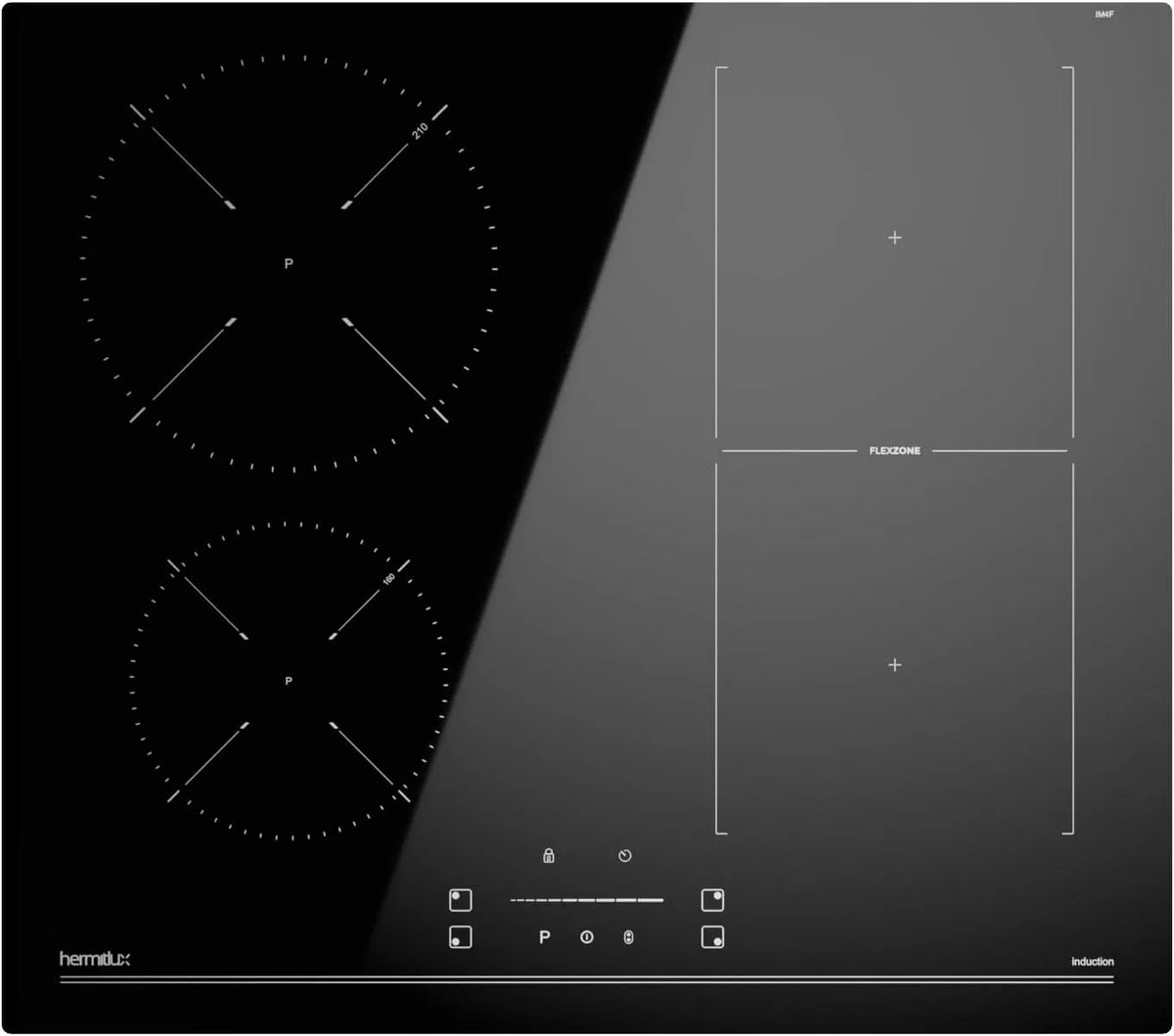 Plaque de cuisson Hermitlux, Induction Flexizone 4 Feux 60 cm, Encastrable Table de Cuisson Induction 7400W avec 9 Niveaux de Puissance, Booster