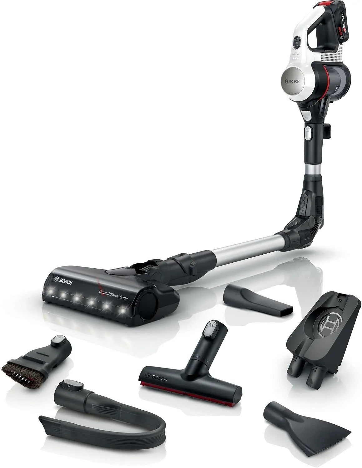 Bosch aspirateur BSS711W, Filtre hygiénique, Batterie de Rechange, Brosse rembourrée, Niveau Turbo, Unlimited 7 à Main sans Fil, sans Sac, Tube coudé