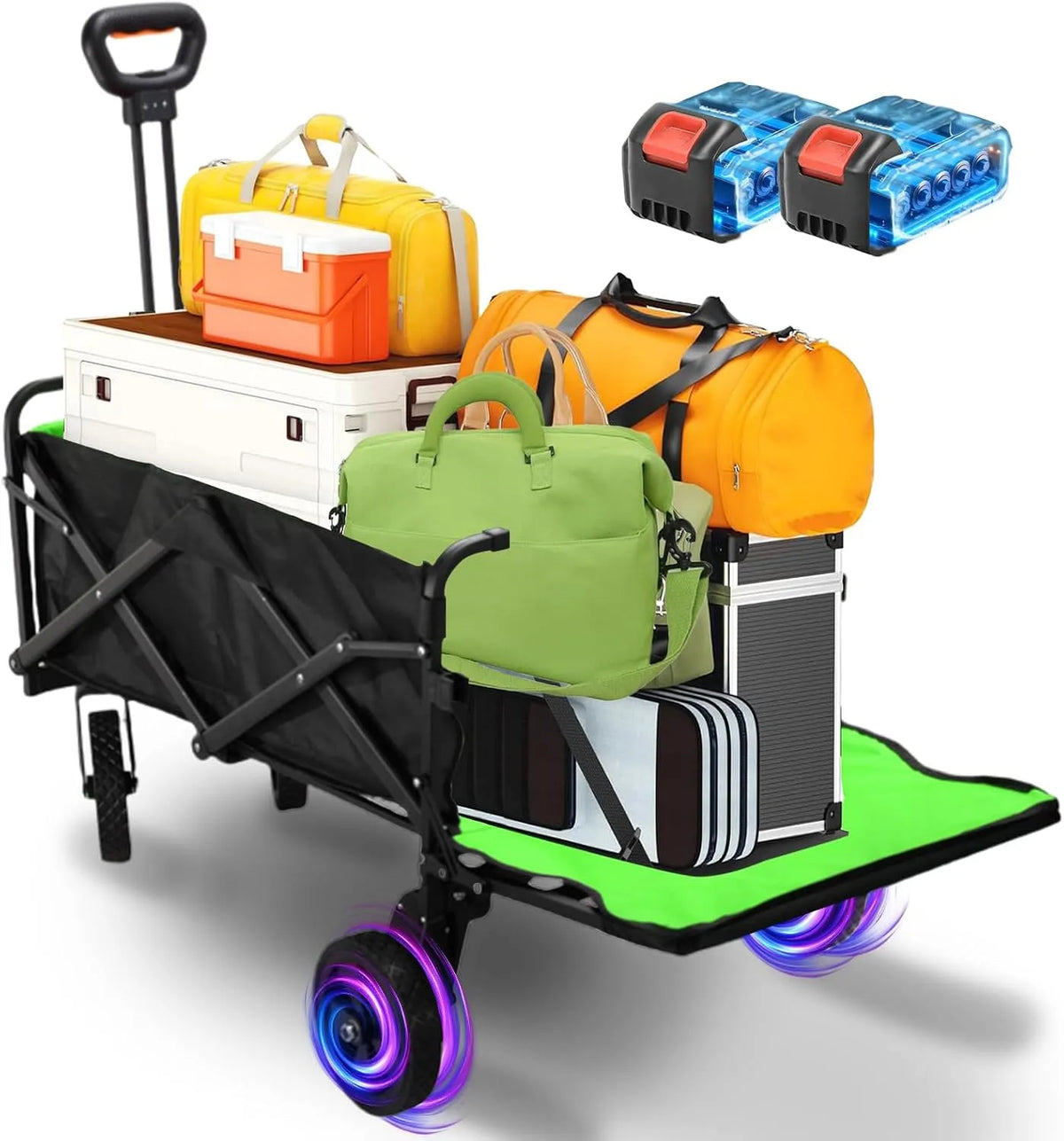 Pliable Tout -Terrain Chariot Électrique, poids 50kg, Motorisation 4000mAh, capacité 160L, Chariot de Plage Pliable avec Hayon, Camping
