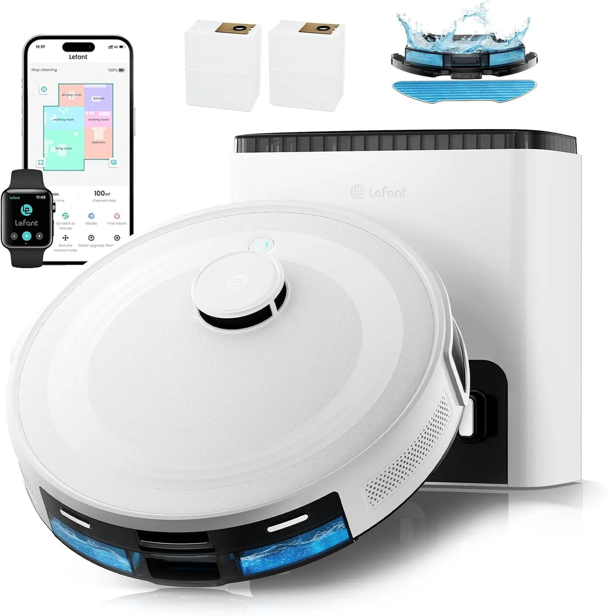 Aspirateur 140min, Lefant M2 Plus Robot Laveur 6000Pa avec Station Vidage Automatique Poussière, Navigation avec Cartographie