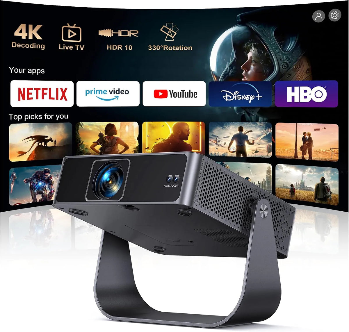 Modèle 4K 1080P HDR10 WiFi6 Mini Vidéoprojecteur, Rotation 330°, APPS Officielles, Live TV, Auto Focus, Keystone Projecteur Vidéo Portable, Extérieur