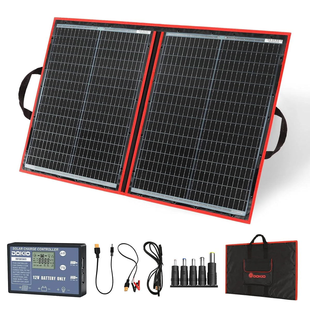 Panneau Solaire 100W 18V Pliable Portable Monocristallin DOKIO Kit, 2 ports USB, Avec régulateur de charge solaire, bateau, pour batteries 12V