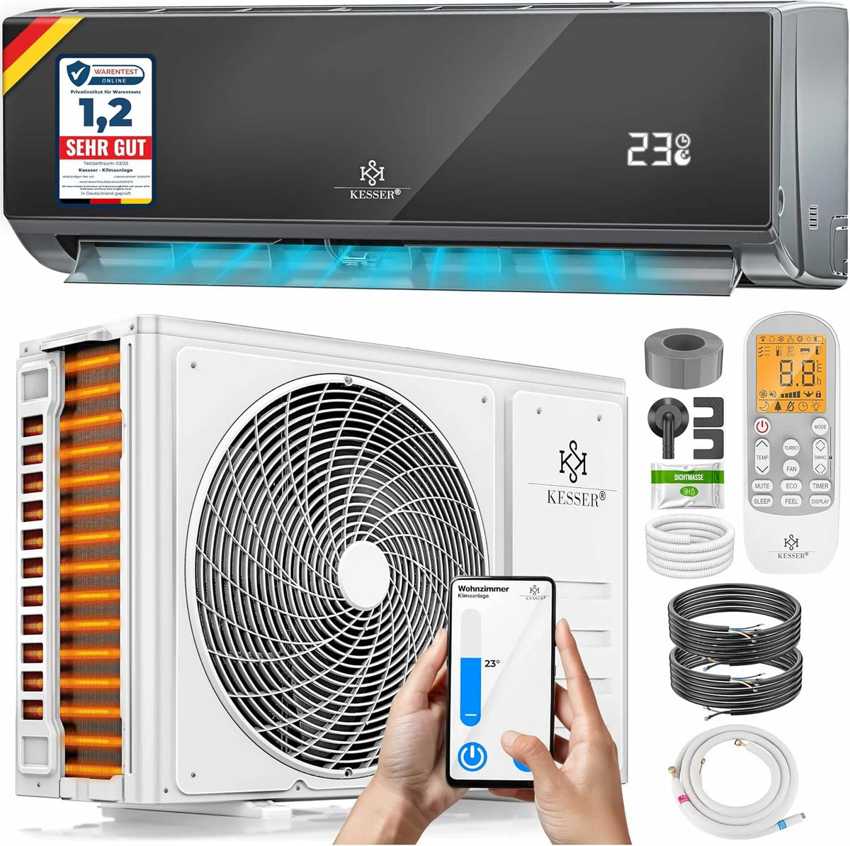 Kesser climatiseur, Réfrigérant R32, SET Split, Classe énergétique A++, application, chauffage A+, matériel de montage 9 000 BTU, 2 600 watts, Wi-Fi