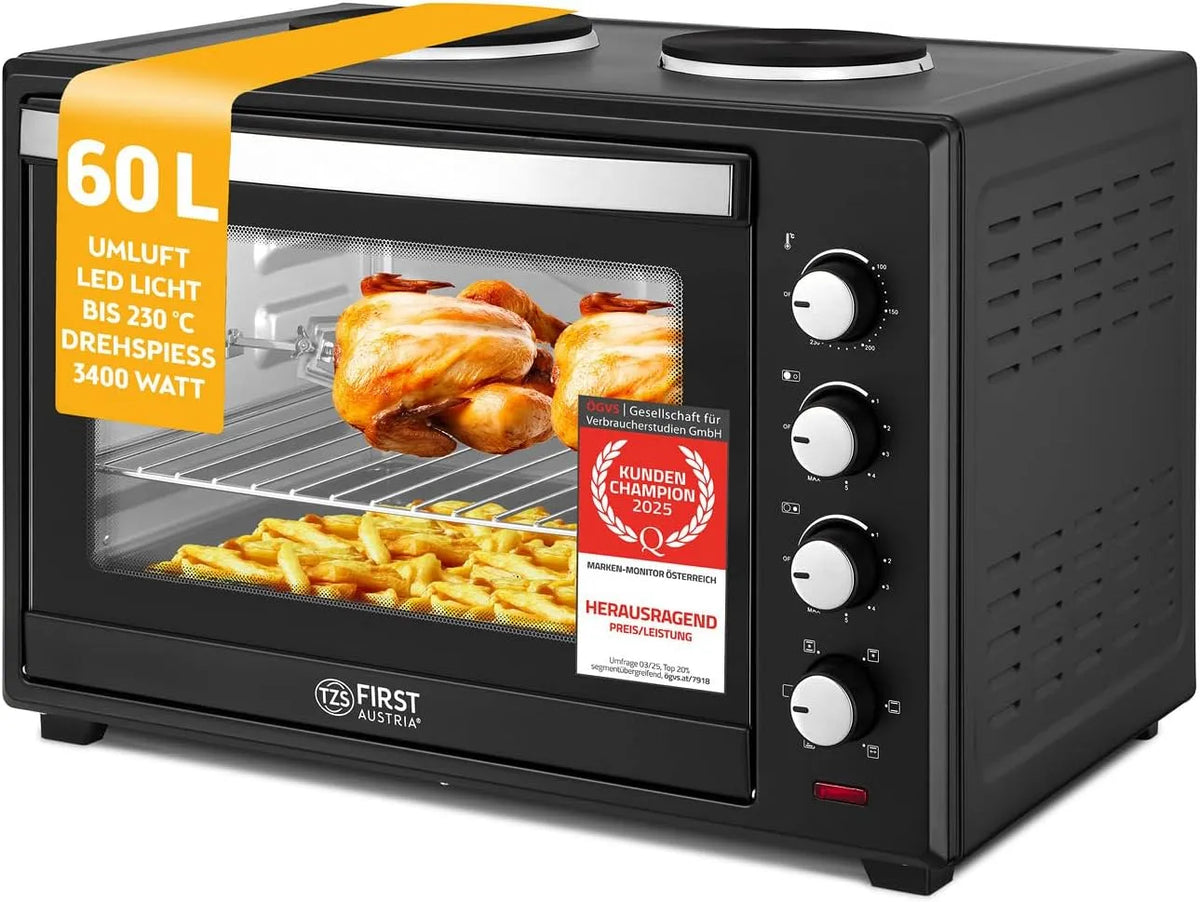 Four, Mini avec plaques de cuisson 60L 3200 W, à pizza jusqu'à 230°C et 6 modes de chauffage, TZS First Austria
