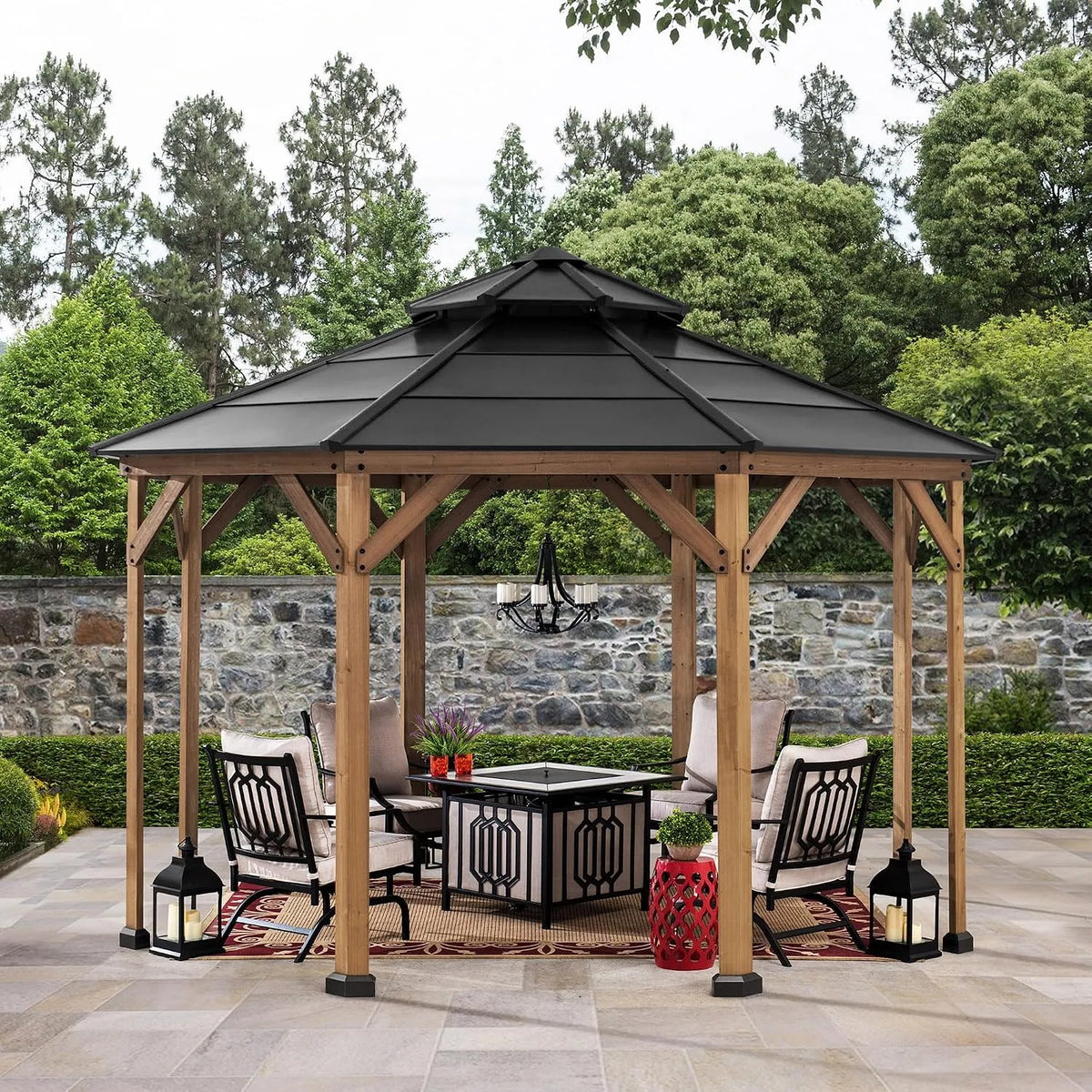 SUNJOY Pavillon, de Jardin octogonal en Bois 3,95 x 3,95 m à 8 poteaux, Toit Rigide en Acier à Double Niveau, Structure en cèdre