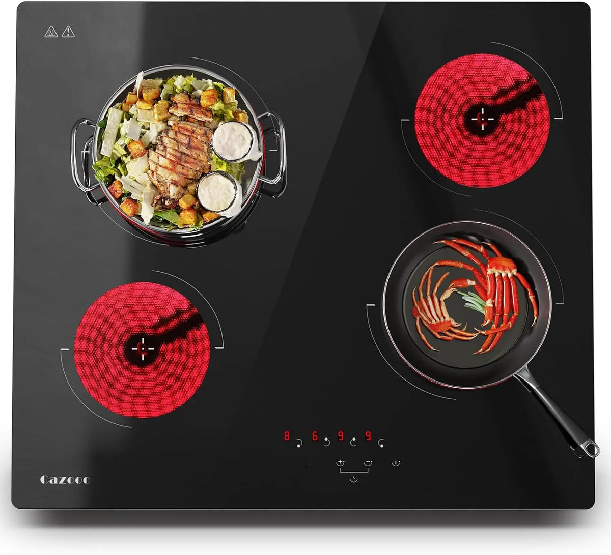 Plaque de cuisson, largeur 60 cm, 6 000 W, de cuisson électrique encastrable 4 zones, 9 niveaux de puissance, de cuisson vitrocéramique, minuterie