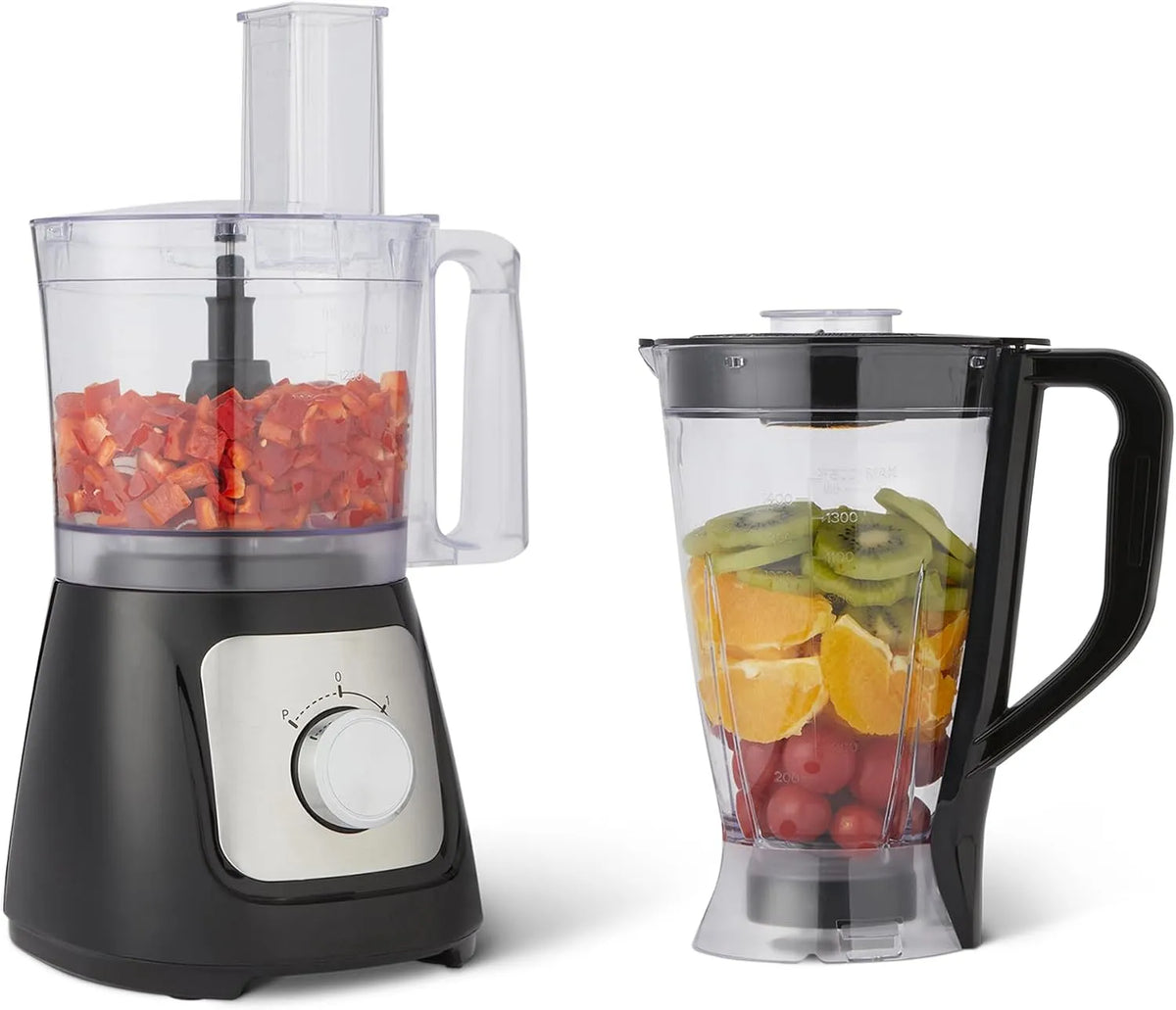 Robot culinaire et fouet à 2 niveaux de vitesse Amazon Basics, puissance 800 W, bol de 2,4 litres et carafe de 1,5 litre, finition noire