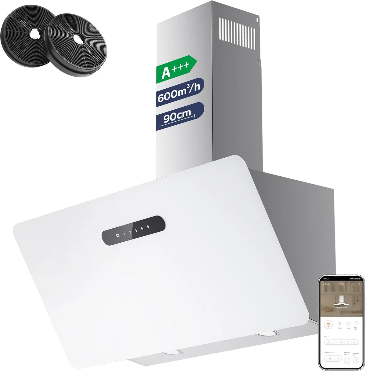 CIARRA hotte aspirante CBCW9736K, 650m³/h, Inclinée 90 cm 650m³, Commande Tactile- 3 niveaux de vitesse et Fonction Boost, classe énergétique A+++