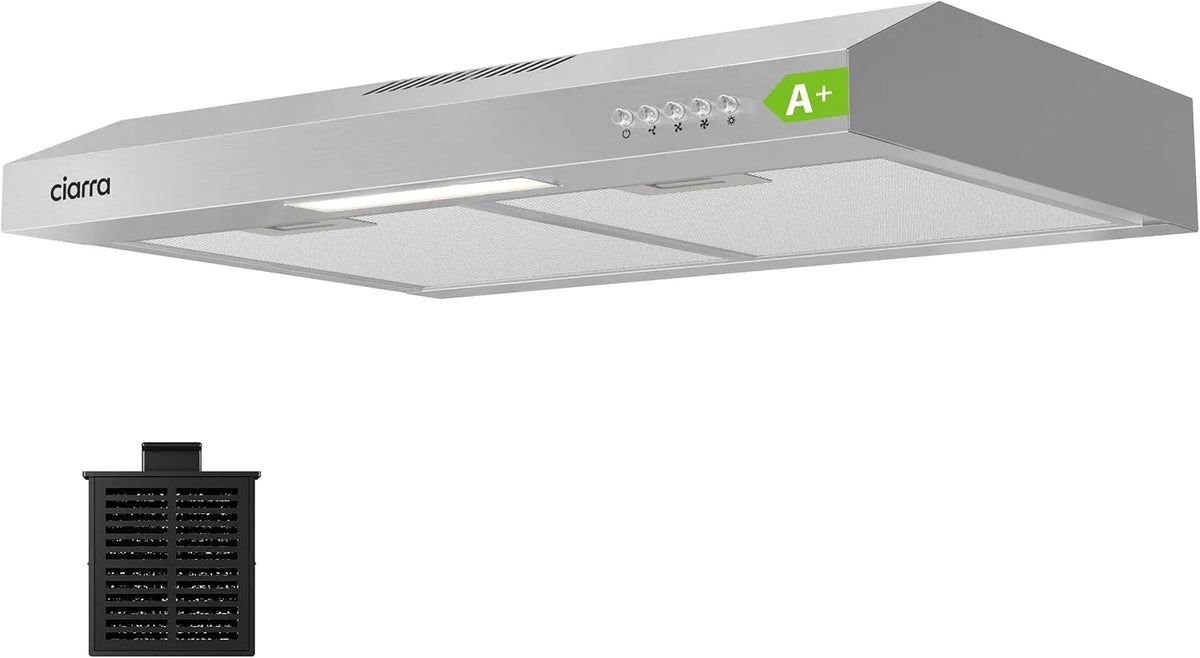 CIARRA hotte aspirante CBCS6903D, Hotte Casquette Engastrable, Filtre au Charbon Inclus, Éclairage LED, 60cm classe énergétique A+, 220 m³/h, Inox